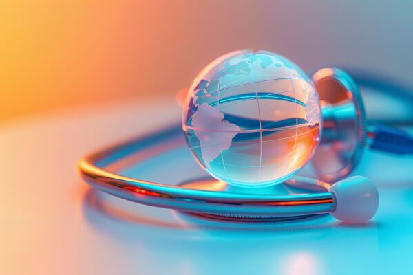 A glass globe resembling Earth rests on a shiny stethoscope.