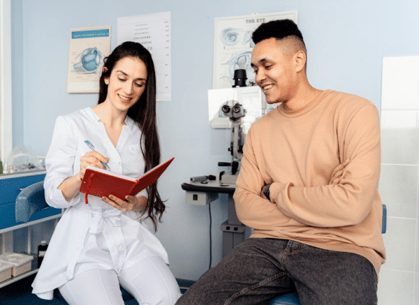 A doctor talking a patient through his medical results, both smiling