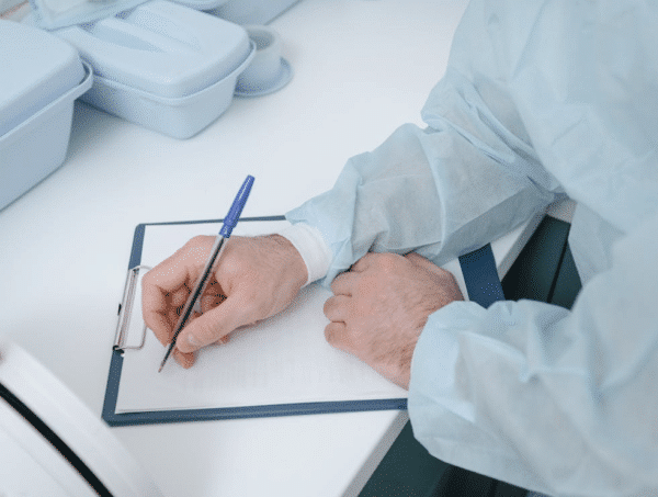 Medical professional writing on clipboard on white desk