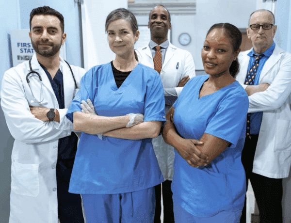 A physician group stood in a hallway, folding their arms and smiling